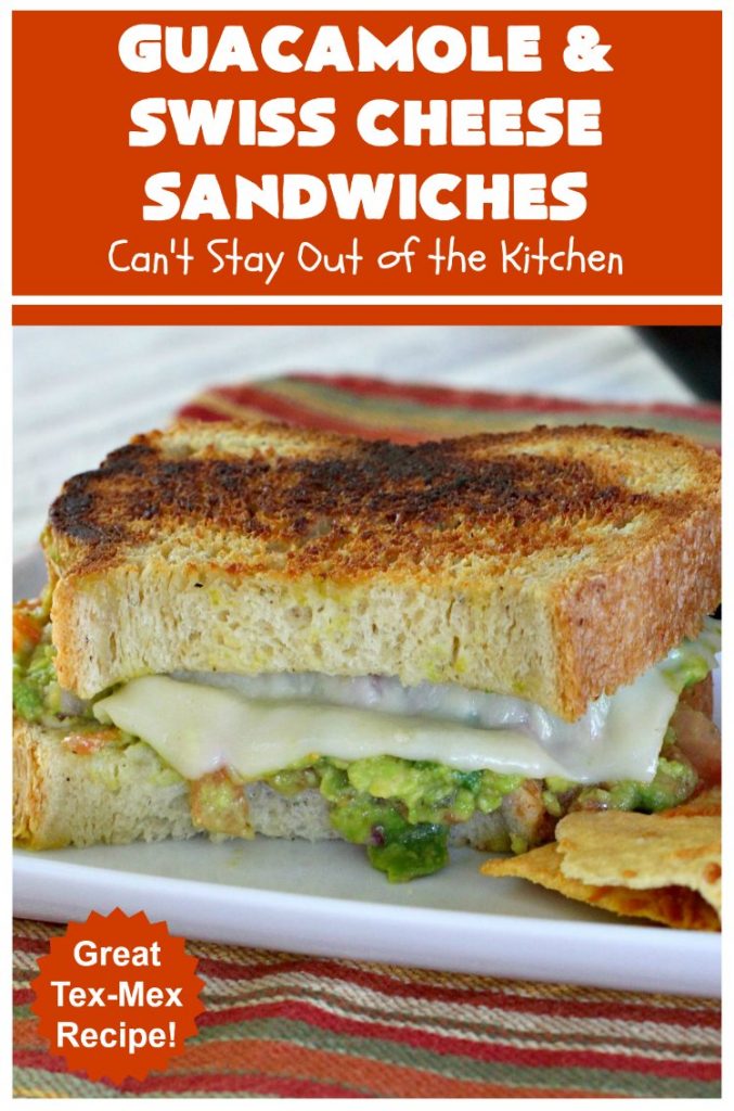 Guacamole and Swiss Cheese Sandwiches | Can't Stay Out of the Kitchen | the best of both worlds! #Guacamole plus #GrilledCheese! These #sandwiches are fantastic. Terrific for #tailgating parties or any time you want a quick lunch or supper. #avocados #SwissCheese #GuacamoleAndSwissCheeseSandwiches