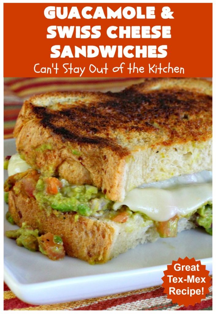 Guacamole and Swiss Cheese Sandwiches | Can't Stay Out of the Kitchen | the best of both worlds! #Guacamole plus #GrilledCheese! These #sandwiches are fantastic. Terrific for #tailgating parties or any time you want a quick lunch or supper. #avocados #SwissCheese #GuacamoleAndSwissCheeseSandwiches