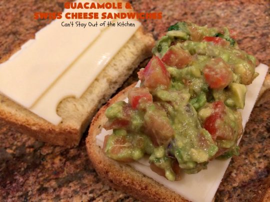 Guacamole and Swiss Cheese Sandwiches | Can't Stay Out of the Kitchen | the best of both worlds! #Guacamole plus #GrilledCheese! These #sandwiches are fantastic. Terrific for #tailgating parties or any time you want a quick lunch or supper. #avocados #SwissCheese #GuacamoleAndSwissCheeseSandwiches