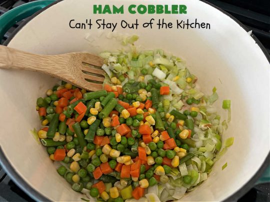 Ham Cobbler | Can't Stay Out of the Kitchen | this delicious #casserole includes #ham & #vegetables in a thick sauce & it's topped with #CheddarBayBiscuits. It's a real comfort food experience that your family is sure to enjoy. Great for #potlucks & an excellent way to use up leftover #holiday ham. #HamCobbler