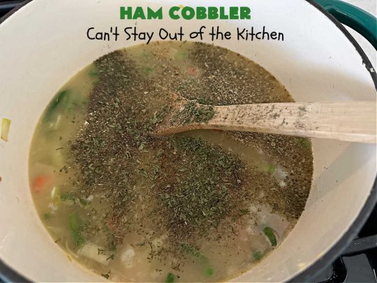 Ham Cobbler | Can't Stay Out of the Kitchen | this delicious #casserole includes #ham & #vegetables in a thick sauce & it's topped with #CheddarBayBiscuits. It's a real comfort food experience that your family is sure to enjoy. Great for #potlucks & an excellent way to use up leftover #holiday ham. #HamCobbler
