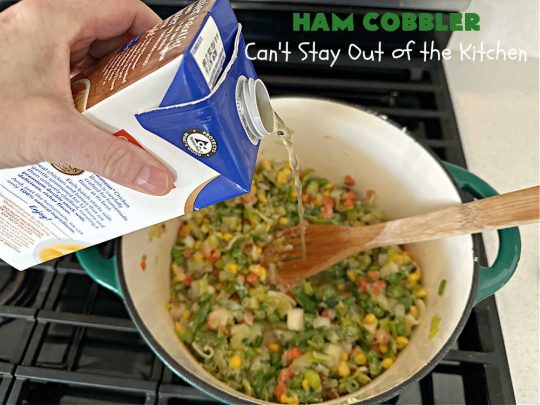 Ham Cobbler | Can't Stay Out of the Kitchen | this delicious #casserole includes #ham & #vegetables in a thick sauce & it's topped with #CheddarBayBiscuits. It's a real comfort food experience that your family is sure to enjoy. Great for #potlucks & an excellent way to use up leftover #holiday ham. #HamCobbler