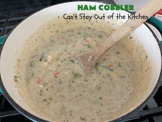 Ham Cobbler | Can't Stay Out of the Kitchen | this delicious #casserole includes #ham & #vegetables in a thick sauce & it's topped with #CheddarBayBiscuits. It's a real comfort food experience that your family is sure to enjoy. Great for #potlucks & an excellent way to use up leftover #holiday ham. #HamCobbler