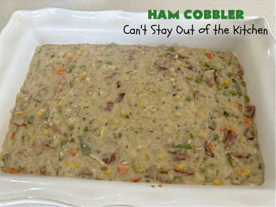 Ham Cobbler | Can't Stay Out of the Kitchen | this delicious #casserole includes #ham & #vegetables in a thick sauce & it's topped with #CheddarBayBiscuits. It's a real comfort food experience that your family is sure to enjoy. Great for #potlucks & an excellent way to use up leftover #holiday ham. #HamCobbler