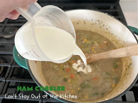 Ham Cobbler | Can't Stay Out of the Kitchen | this delicious #casserole includes #ham & #vegetables in a thick sauce & it's topped with #CheddarBayBiscuits. It's a real comfort food experience that your family is sure to enjoy. Great for #potlucks & an excellent way to use up leftover #holiday ham. #HamCobbler