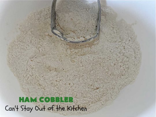 Ham Cobbler | Can't Stay Out of the Kitchen | this delicious #casserole includes #ham & #vegetables in a thick sauce & it's topped with #CheddarBayBiscuits. It's a real comfort food experience that your family is sure to enjoy. Great for #potlucks & an excellent way to use up leftover #holiday ham. #HamCobbler