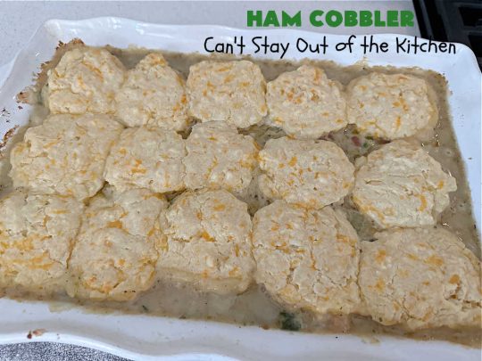 Ham Cobbler | Can't Stay Out of the Kitchen | this delicious #casserole includes #ham & #vegetables in a thick sauce & it's topped with #CheddarBayBiscuits. It's a real comfort food experience that your family is sure to enjoy. Great for #potlucks & an excellent way to use up leftover #holiday ham. #HamCobbler