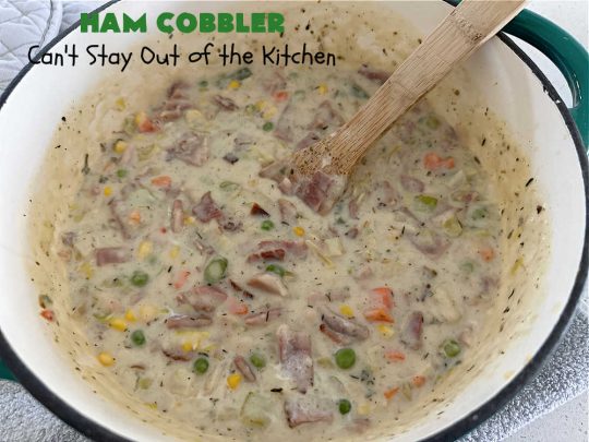 Ham Cobbler | Can't Stay Out of the Kitchen | this delicious #casserole includes #ham & #vegetables in a thick sauce & it's topped with #CheddarBayBiscuits. It's a real comfort food experience that your family is sure to enjoy. Great for #potlucks & an excellent way to use up leftover #holiday ham. #HamCobbler