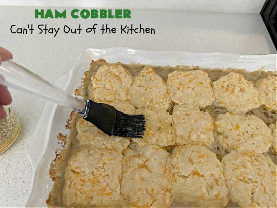 Ham Cobbler | Can't Stay Out of the Kitchen | this delicious #casserole includes #ham & #vegetables in a thick sauce & it's topped with #CheddarBayBiscuits. It's a real comfort food experience that your family is sure to enjoy. Great for #potlucks & an excellent way to use up leftover #holiday ham. #HamCobbler