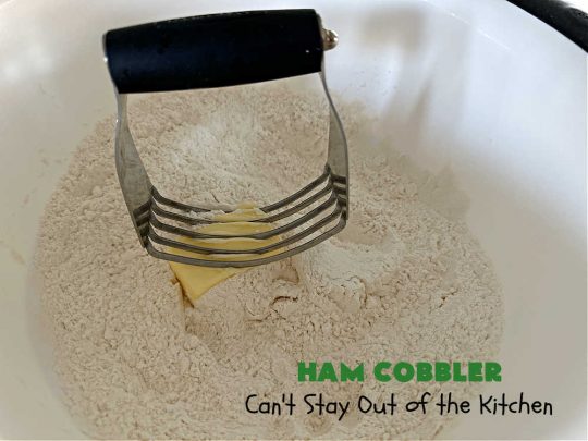 Ham Cobbler | Can't Stay Out of the Kitchen | this delicious #casserole includes #ham & #vegetables in a thick sauce & it's topped with #CheddarBayBiscuits. It's a real comfort food experience that your family is sure to enjoy. Great for #potlucks & an excellent way to use up leftover #holiday ham. #HamCobbler