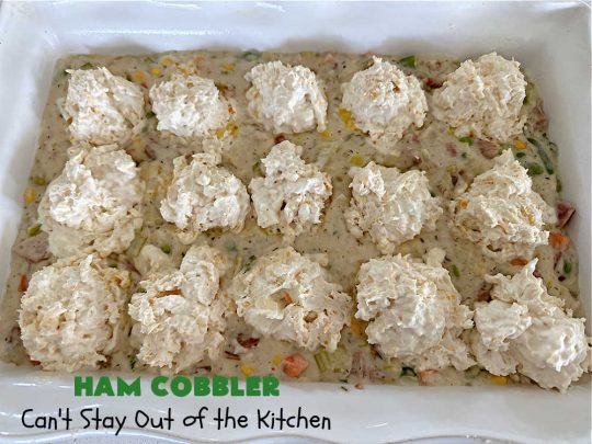 Ham Cobbler | Can't Stay Out of the Kitchen | this delicious #casserole includes #ham & #vegetables in a thick sauce & it's topped with #CheddarBayBiscuits. It's a real comfort food experience that your family is sure to enjoy. Great for #potlucks & an excellent way to use up leftover #holiday ham. #HamCobbler