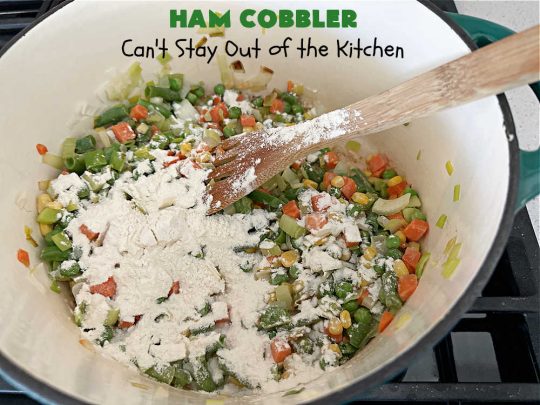 Ham Cobbler | Can't Stay Out of the Kitchen | this delicious #casserole includes #ham & #vegetables in a thick sauce & it's topped with #CheddarBayBiscuits. It's a real comfort food experience that your family is sure to enjoy. Great for #potlucks & an excellent way to use up leftover #holiday ham. #HamCobbler