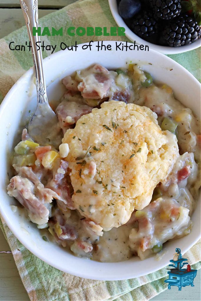 Ham Cobbler | Can't Stay Out of the Kitchen | this delicious #casserole includes #ham & #vegetables in a thick sauce & it's topped with #CheddarBayBiscuits. It's a real comfort food experience that your family is sure to enjoy. Great for #potlucks & an excellent way to use up leftover #holiday ham. #HamCobbler