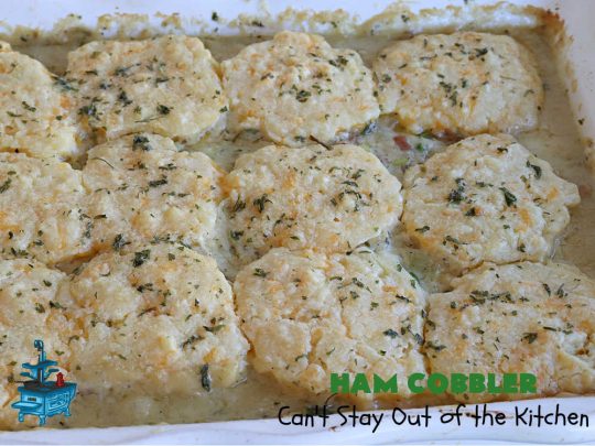 Ham Cobbler | Can't Stay Out of the Kitchen | this delicious #casserole includes #ham & #vegetables in a thick sauce & it's topped with #CheddarBayBiscuits. It's a real comfort food experience that your family is sure to enjoy. Great for #potlucks & an excellent way to use up leftover #holiday ham. #HamCobbler