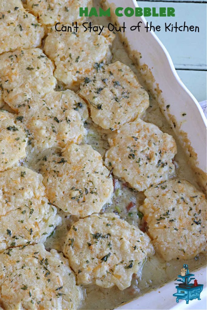Ham Cobbler | Can't Stay Out of the Kitchen | this delicious #casserole includes #ham & #vegetables in a thick sauce & it's topped with #CheddarBayBiscuits. It's a real comfort food experience that your family is sure to enjoy. Great for #potlucks & an excellent way to use up leftover #holiday ham. #HamCobbler