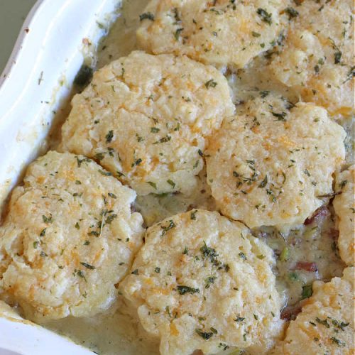 Ham Cobbler | Can't Stay Out of the Kitchen | this delicious #casserole includes #ham & #vegetables in a thick sauce & it's topped with #CheddarBayBiscuits. It's a real comfort food experience that your family is sure to enjoy. Great for #potlucks & an excellent way to use up leftover #holiday ham. #HamCobbler