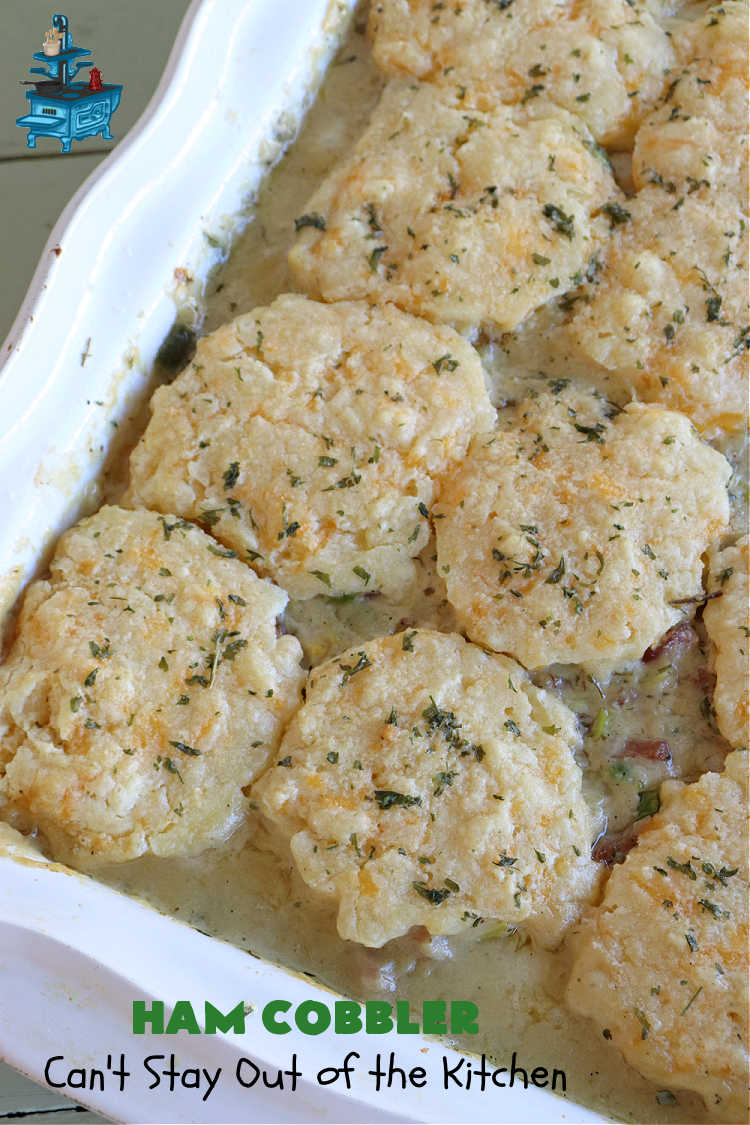 Ham Cobbler | Can't Stay Out of the Kitchen | this delicious #casserole includes #ham & #vegetables in a thick sauce & it's topped with #CheddarBayBiscuits. It's a real comfort food experience that your family is sure to enjoy. Great for #potlucks & an excellent way to use up leftover #holiday ham. #HamCobbler