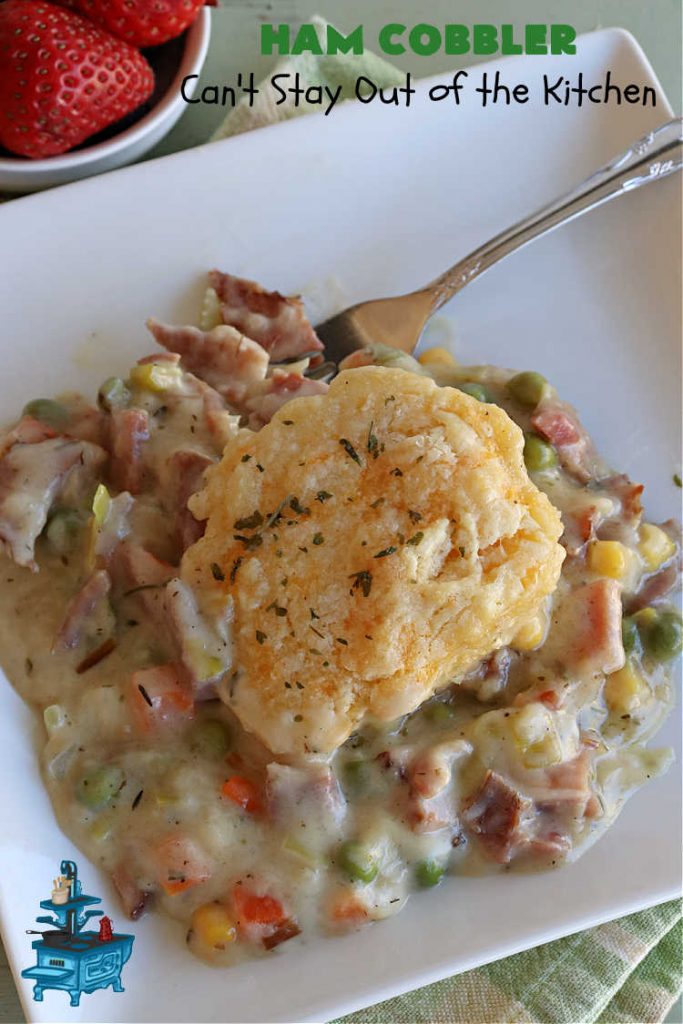 Ham Cobbler | Can't Stay Out of the Kitchen | this delicious #casserole includes #ham & #vegetables in a thick sauce & it's topped with #CheddarBayBiscuits. It's a real comfort food experience that your family is sure to enjoy. Great for #potlucks & an excellent way to use up leftover #holiday ham. #HamCobbler