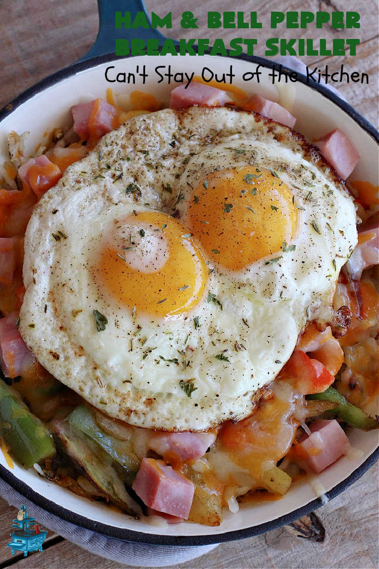 Ham and Bell Pepper Breakfast Skillet | Can't Stay Out of the Kitchen | this hearty & delicious #BreakfastSkillet includes #ham & four kinds of #BellPeppers along with #HashBrowns, #eggs & both #MontereyJack & #CheddarCheese. It makes a totally satisfying & filling weekend or company #breakfast. #holiday #HolidayBreakfast #SkilletBreakfast #HamAndBellPepperBreakfastSkillet #GlutenFree #pork