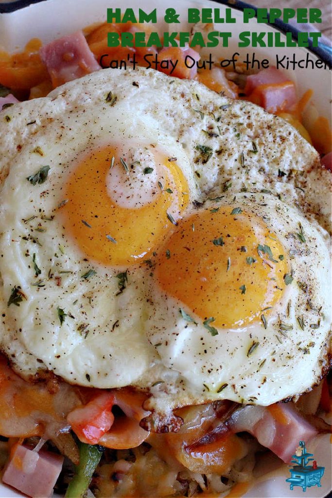 Ham and Bell Pepper Breakfast Skillet | Can't Stay Out of the Kitchen | this hearty & delicious #BreakfastSkillet includes #ham & four kinds of #BellPeppers along with #HashBrowns, #eggs & both #MontereyJack & #CheddarCheese. It makes a totally satisfying & filling weekend or company #breakfast. #holiday #HolidayBreakfast #SkilletBreakfast #HamAndBellPepperBreakfastSkillet #GlutenFree #pork