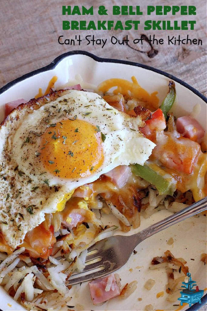 Ham and Bell Pepper Breakfast Skillet | Can't Stay Out of the Kitchen | this hearty & delicious #BreakfastSkillet includes #ham & four kinds of #BellPeppers along with #HashBrowns, #eggs & both #MontereyJack & #CheddarCheese. It makes a totally satisfying & filling weekend or company #breakfast. #holiday #HolidayBreakfast #SkilletBreakfast #HamAndBellPepperBreakfastSkillet #GlutenFree #pork
