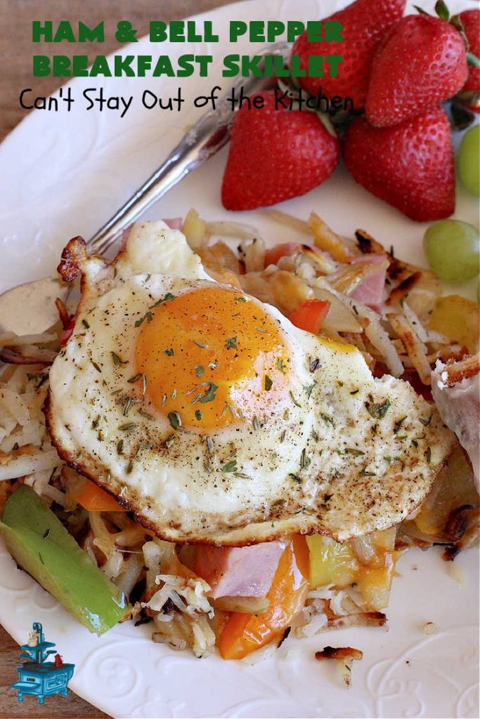 Ham and Bell Pepper Breakfast Skillet | Can't Stay Out of the Kitchen | this hearty & delicious #BreakfastSkillet includes #ham & four kinds of #BellPeppers along with #HashBrowns, #eggs & both #MontereyJack & #CheddarCheese. It makes a totally satisfying & filling weekend or company #breakfast. #holiday #HolidayBreakfast #SkilletBreakfast #HamAndBellPepperBreakfastSkillet #GlutenFree #pork
