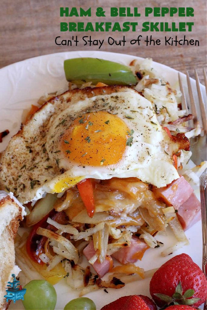 Ham and Bell Pepper Breakfast Skillet | Can't Stay Out of the Kitchen | this hearty & delicious #BreakfastSkillet includes #ham & four kinds of #BellPeppers along with #HashBrowns, #eggs & both #MontereyJack & #CheddarCheese. It makes a totally satisfying & filling weekend or company #breakfast. #holiday #HolidayBreakfast #SkilletBreakfast #HamAndBellPepperBreakfastSkillet #GlutenFree #pork