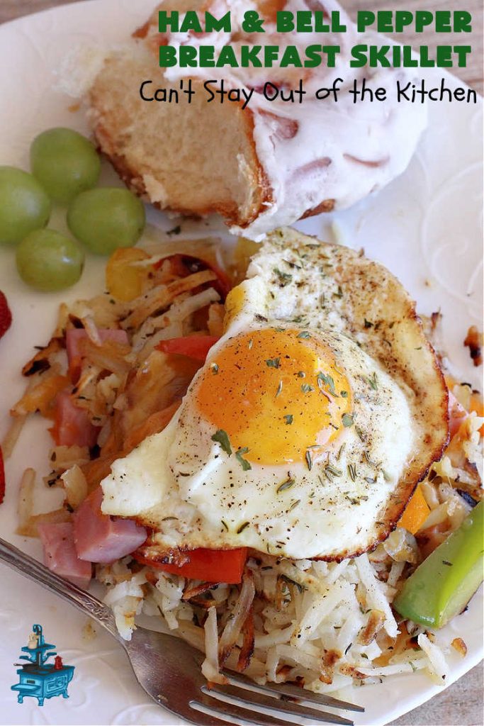 Ham and Bell Pepper Breakfast Skillet | Can't Stay Out of the Kitchen | this hearty & delicious #BreakfastSkillet includes #ham & four kinds of #BellPeppers along with #HashBrowns, #eggs & both #MontereyJack & #CheddarCheese. It makes a totally satisfying & filling weekend or company #breakfast. #holiday #HolidayBreakfast #SkilletBreakfast #HamAndBellPepperBreakfastSkillet #GlutenFree #pork