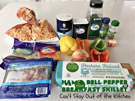 Ham and Bell Pepper Breakfast Skillet | Can't Stay Out of the Kitchen | this hearty & delicious #BreakfastSkillet includes #ham & four kinds of #BellPeppers along with #HashBrowns, #eggs & both #MontereyJack & #CheddarCheese. It makes a totally satisfying & filling weekend or company #breakfast. #holiday #HolidayBreakfast #SkilletBreakfast #HamAndBellPepperBreakfastSkillet #GlutenFree #pork