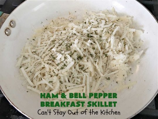 Ham and Bell Pepper Breakfast Skillet | Can't Stay Out of the Kitchen | this hearty & delicious #BreakfastSkillet includes #ham & four kinds of #BellPeppers along with #HashBrowns, #eggs & both #MontereyJack & #CheddarCheese. It makes a totally satisfying & filling weekend or company #breakfast. #holiday #HolidayBreakfast #SkilletBreakfast #HamAndBellPepperBreakfastSkillet #GlutenFree #pork