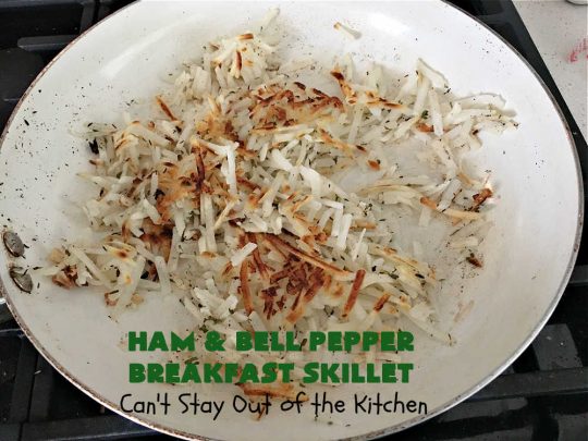 Ham and Bell Pepper Breakfast Skillet | Can't Stay Out of the Kitchen | this hearty & delicious #BreakfastSkillet includes #ham & four kinds of #BellPeppers along with #HashBrowns, #eggs & both #MontereyJack & #CheddarCheese. It makes a totally satisfying & filling weekend or company #breakfast. #holiday #HolidayBreakfast #SkilletBreakfast #HamAndBellPepperBreakfastSkillet #GlutenFree #pork