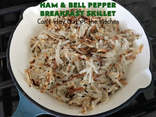 Ham and Bell Pepper Breakfast Skillet | Can't Stay Out of the Kitchen | this hearty & delicious #BreakfastSkillet includes #ham & four kinds of #BellPeppers along with #HashBrowns, #eggs & both #MontereyJack & #CheddarCheese. It makes a totally satisfying & filling weekend or company #breakfast. #holiday #HolidayBreakfast #SkilletBreakfast #HamAndBellPepperBreakfastSkillet #GlutenFree #pork