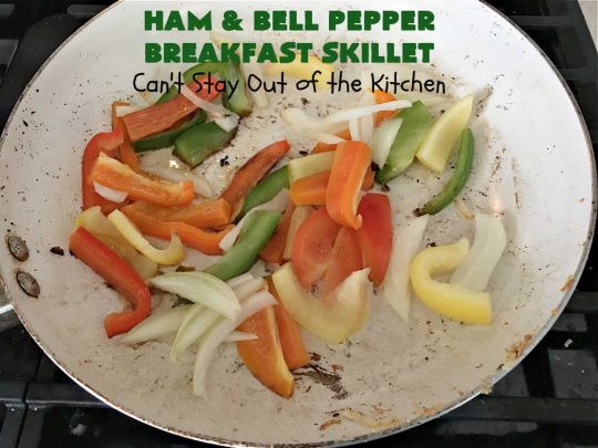 Ham and Bell Pepper Breakfast Skillet | Can't Stay Out of the Kitchen | this hearty & delicious #BreakfastSkillet includes #ham & four kinds of #BellPeppers along with #HashBrowns, #eggs & both #MontereyJack & #CheddarCheese. It makes a totally satisfying & filling weekend or company #breakfast. #holiday #HolidayBreakfast #SkilletBreakfast #HamAndBellPepperBreakfastSkillet #GlutenFree #pork