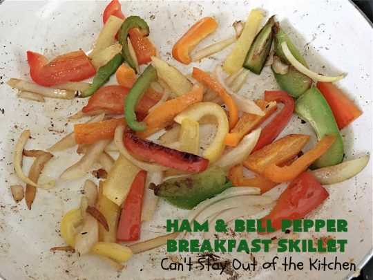 Ham and Bell Pepper Breakfast Skillet | Can't Stay Out of the Kitchen | this hearty & delicious #BreakfastSkillet includes #ham & four kinds of #BellPeppers along with #HashBrowns, #eggs & both #MontereyJack & #CheddarCheese. It makes a totally satisfying & filling weekend or company #breakfast. #holiday #HolidayBreakfast #SkilletBreakfast #HamAndBellPepperBreakfastSkillet #GlutenFree #pork
