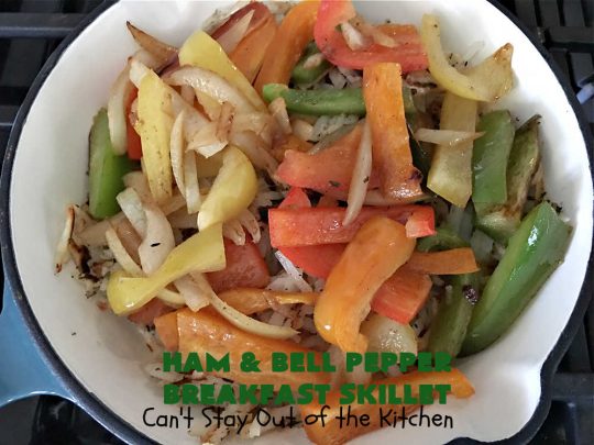 Ham and Bell Pepper Breakfast Skillet | Can't Stay Out of the Kitchen | this hearty & delicious #BreakfastSkillet includes #ham & four kinds of #BellPeppers along with #HashBrowns, #eggs & both #MontereyJack & #CheddarCheese. It makes a totally satisfying & filling weekend or company #breakfast. #holiday #HolidayBreakfast #SkilletBreakfast #HamAndBellPepperBreakfastSkillet #GlutenFree #pork