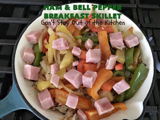 Ham and Bell Pepper Breakfast Skillet | Can't Stay Out of the Kitchen | this hearty & delicious #BreakfastSkillet includes #ham & four kinds of #BellPeppers along with #HashBrowns, #eggs & both #MontereyJack & #CheddarCheese. It makes a totally satisfying & filling weekend or company #breakfast. #holiday #HolidayBreakfast #SkilletBreakfast #HamAndBellPepperBreakfastSkillet #GlutenFree #pork