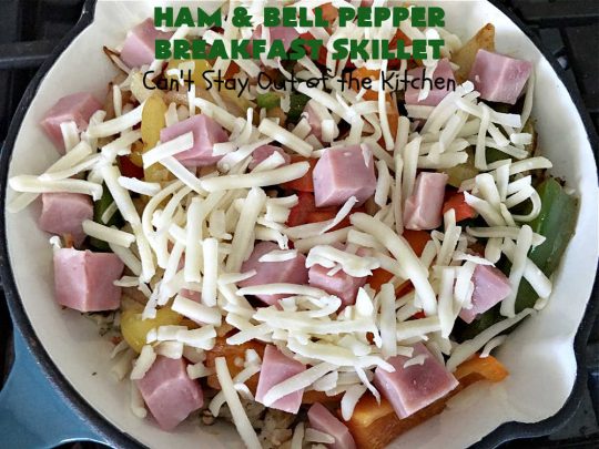 Ham and Bell Pepper Breakfast Skillet | Can't Stay Out of the Kitchen | this hearty & delicious #BreakfastSkillet includes #ham & four kinds of #BellPeppers along with #HashBrowns, #eggs & both #MontereyJack & #CheddarCheese. It makes a totally satisfying & filling weekend or company #breakfast. #holiday #HolidayBreakfast #SkilletBreakfast #HamAndBellPepperBreakfastSkillet #GlutenFree #pork