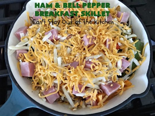 Ham and Bell Pepper Breakfast Skillet | Can't Stay Out of the Kitchen | this hearty & delicious #BreakfastSkillet includes #ham & four kinds of #BellPeppers along with #HashBrowns, #eggs & both #MontereyJack & #CheddarCheese. It makes a totally satisfying & filling weekend or company #breakfast. #holiday #HolidayBreakfast #SkilletBreakfast #HamAndBellPepperBreakfastSkillet #GlutenFree #pork
