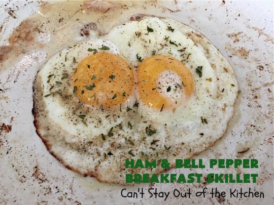 Ham and Bell Pepper Breakfast Skillet | Can't Stay Out of the Kitchen | this hearty & delicious #BreakfastSkillet includes #ham & four kinds of #BellPeppers along with #HashBrowns, #eggs & both #MontereyJack & #CheddarCheese. It makes a totally satisfying & filling weekend or company #breakfast. #holiday #HolidayBreakfast #SkilletBreakfast #HamAndBellPepperBreakfastSkillet #GlutenFree #pork