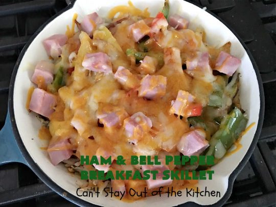 Ham and Bell Pepper Breakfast Skillet | Can't Stay Out of the Kitchen | this hearty & delicious #BreakfastSkillet includes #ham & four kinds of #BellPeppers along with #HashBrowns, #eggs & both #MontereyJack & #CheddarCheese. It makes a totally satisfying & filling weekend or company #breakfast. #holiday #HolidayBreakfast #SkilletBreakfast #HamAndBellPepperBreakfastSkillet #GlutenFree #pork