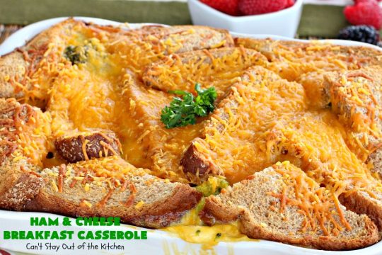 Ham and Cheese Breakfast Casserole | Can't Stay Out of the Kitchen | this wonderful, savory #BreakfastCasserole is perfect for a #holiday #breakfast like #Christmas or #NewYearsDay. It has bread on the top and bottom & it's filled with #ham, #cheese, #eggs & #broccoli. It's so easy since you make it up the night before you need it. #pork #HolidayBreakfast #ChristmasBreakfast