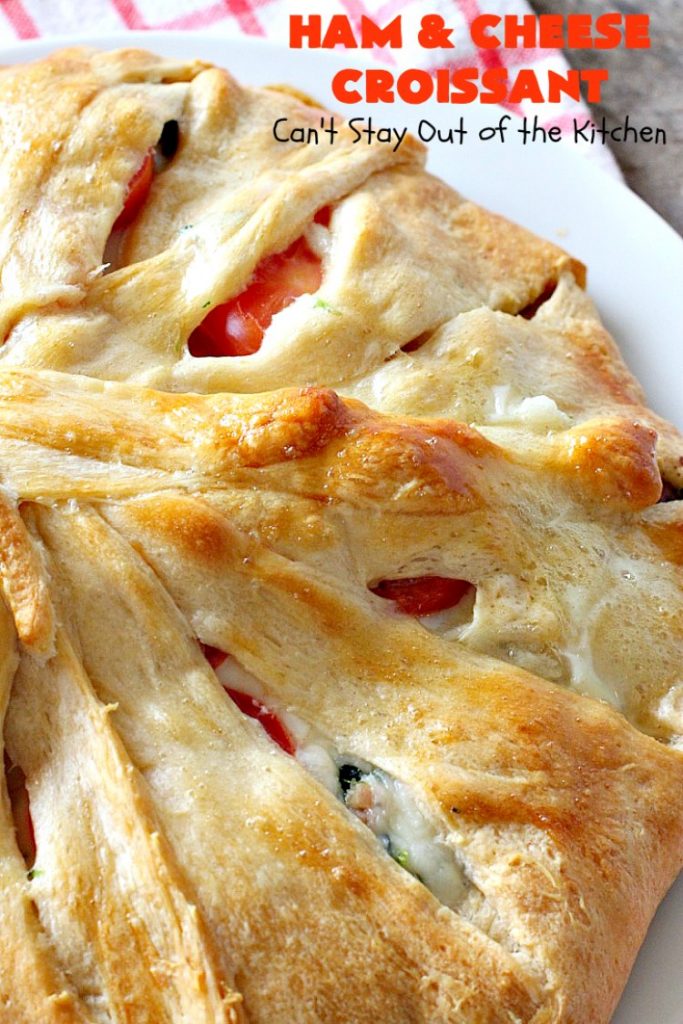 Ham and Cheese Croissant | Can't Stay Out of the Kitchen | this fabulous #breakfast #croissant is perfect for #holidays or company. It's filled with #ham, #Swisscheese, #spinach & #tomatoes. It's so mouthwatering you won't be able to stop eating!