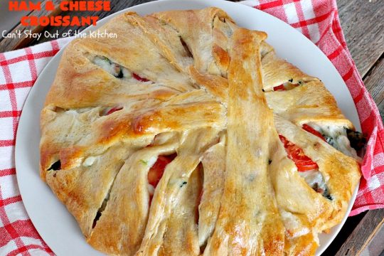 Ham and Cheese Croissant | Can't Stay Out of the Kitchen | this fabulous #breakfast #croissant is perfect for #holidays or company. It's filled with #ham, #Swisscheese, #spinach & #tomatoes. It's so mouthwatering you won't be able to stop eating!