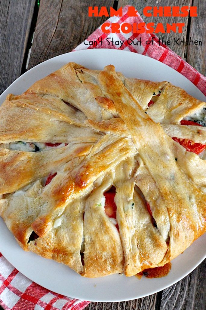 Ham and Cheese Croissant | Can't Stay Out of the Kitchen | this fabulous #breakfast #croissant is perfect for #holidays or company. It's filled with #ham, #Swisscheese, #spinach & #tomatoes. It's so mouthwatering you won't be able to stop eating!