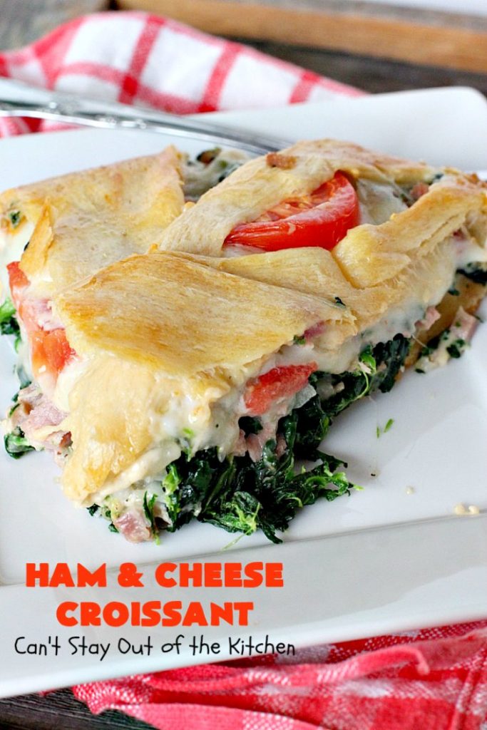 Ham and Cheese Croissant | Can't Stay Out of the Kitchen | this fabulous #breakfast #croissant is perfect for #holidays or company. It's filled with #ham, #Swisscheese, #spinach & #tomatoes. It's so mouthwatering you won't be able to stop eating!