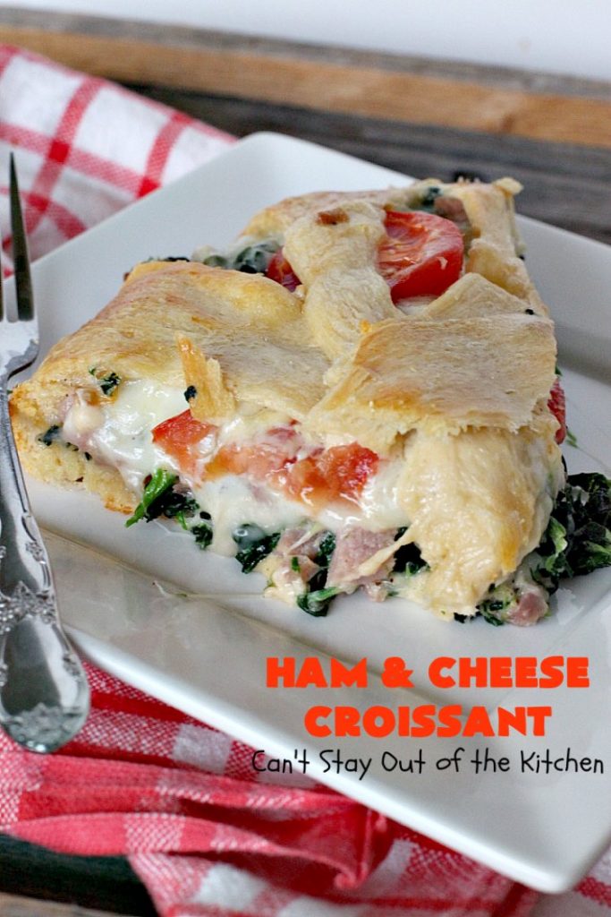 Ham and Cheese Croissant | Can't Stay Out of the Kitchen | this fabulous #breakfast #croissant is perfect for #holidays or company. It's filled with #ham, #Swisscheese, #spinach & #tomatoes. It's so mouthwatering you won't be able to stop eating!
