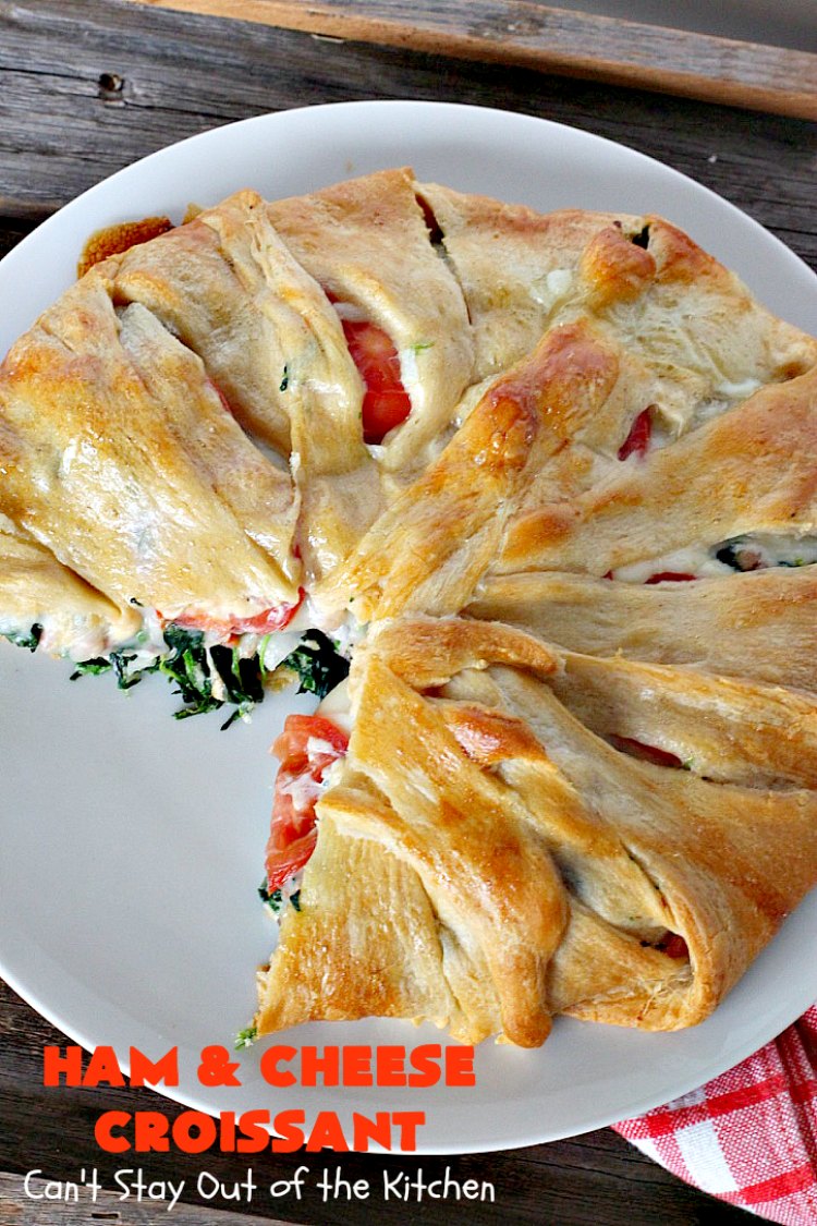 Ham and Cheese Croissant | Can't Stay Out of the Kitchen | this fabulous #breakfast #croissant is perfect for #holidays or company. It's filled with #ham, #Swisscheese, #spinach & #tomatoes. It's so mouthwatering you won't be able to stop eating!