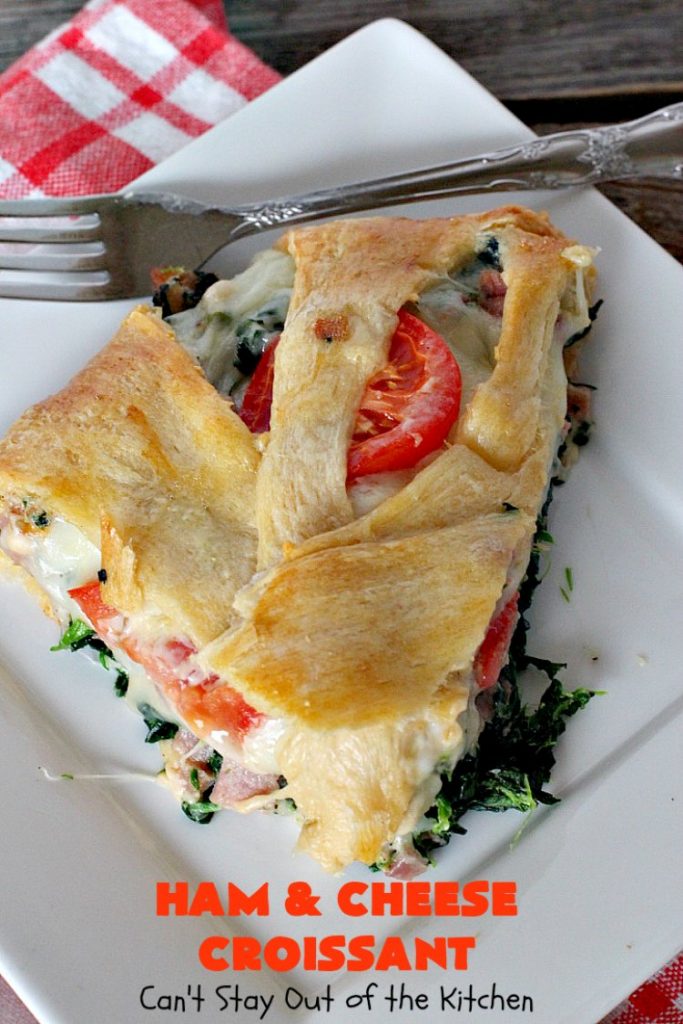Ham and Cheese Croissant | Can't Stay Out of the Kitchen | this fabulous #breakfast #croissant is perfect for #holidays or company. It's filled with #ham, #Swisscheese, #spinach & #tomatoes. It's so mouthwatering you won't be able to stop eating!