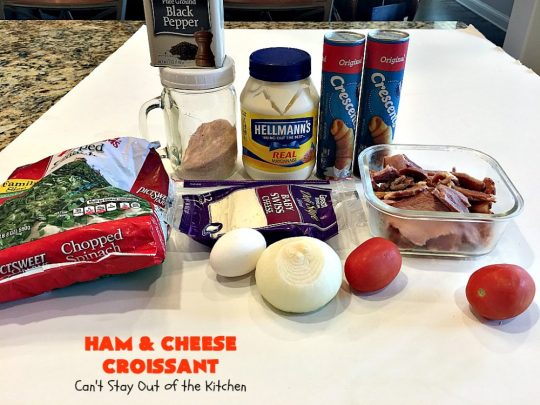 Ham and Cheese Croissant | Can't Stay Out of the Kitchen | this fabulous #breakfast #croissant is perfect for #holidays or company. It's filled with #ham, #Swisscheese, #spinach & #tomatoes. It's so mouthwatering you won't be able to stop eating!