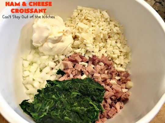 Ham and Cheese Croissant | Can't Stay Out of the Kitchen | this fabulous #breakfast #croissant is perfect for #holidays or company. It's filled with #ham, #Swisscheese, #spinach & #tomatoes. It's so mouthwatering you won't be able to stop eating!